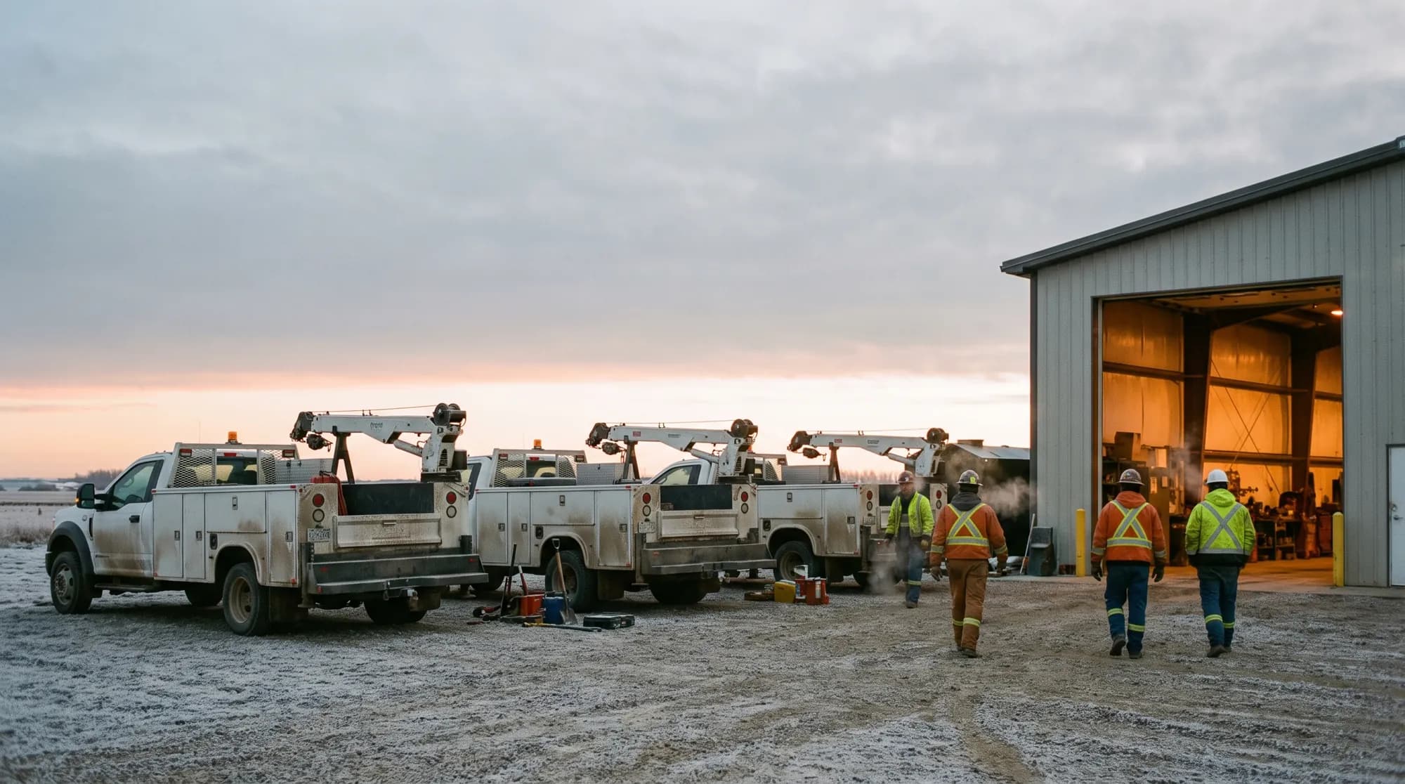 Field service trucks and a crew walking toward an open shop bay at first light.