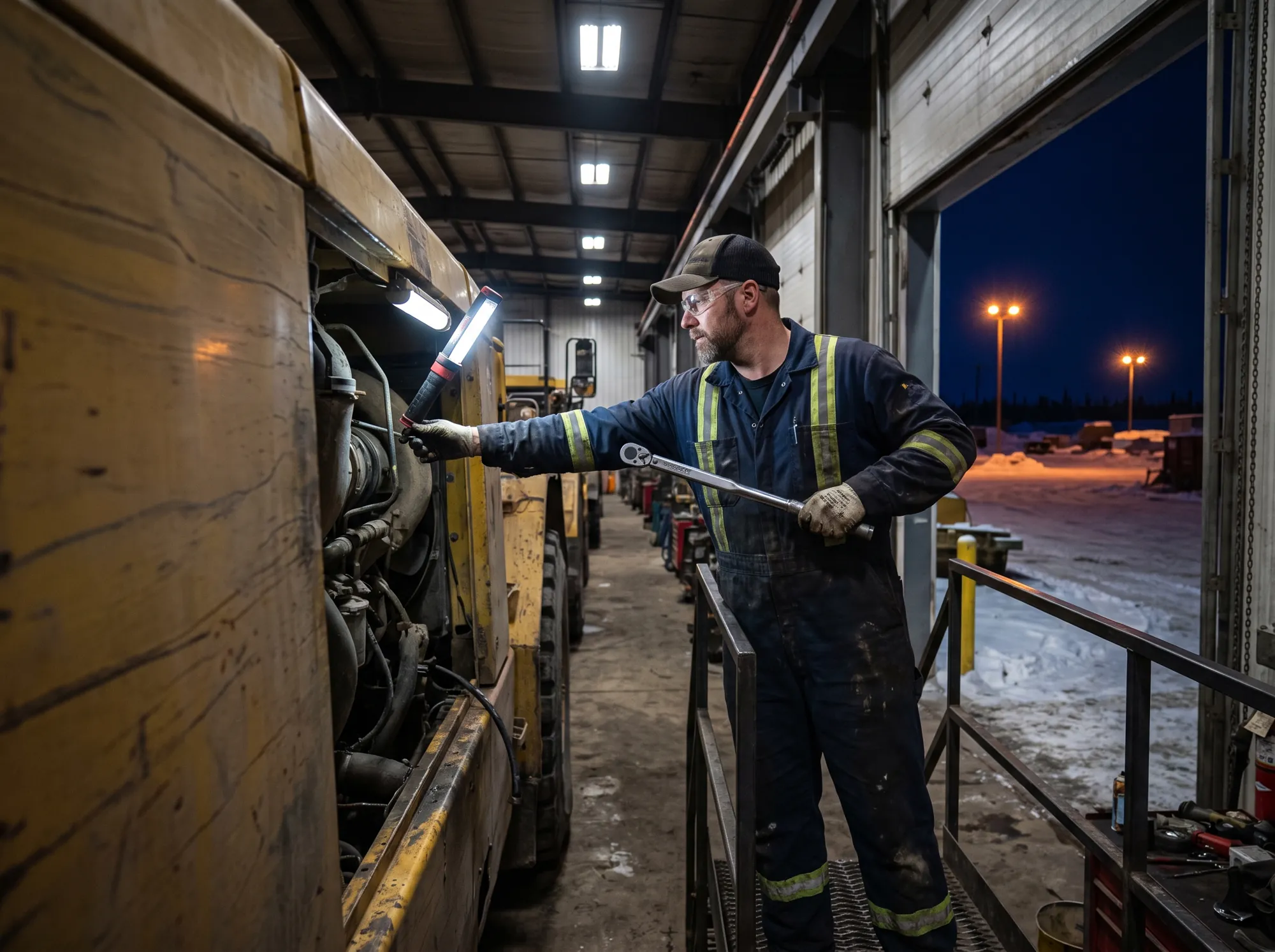 Heavy equipment technician working a night shift on a haul truck inside a repair shop, the yard dark behind him.