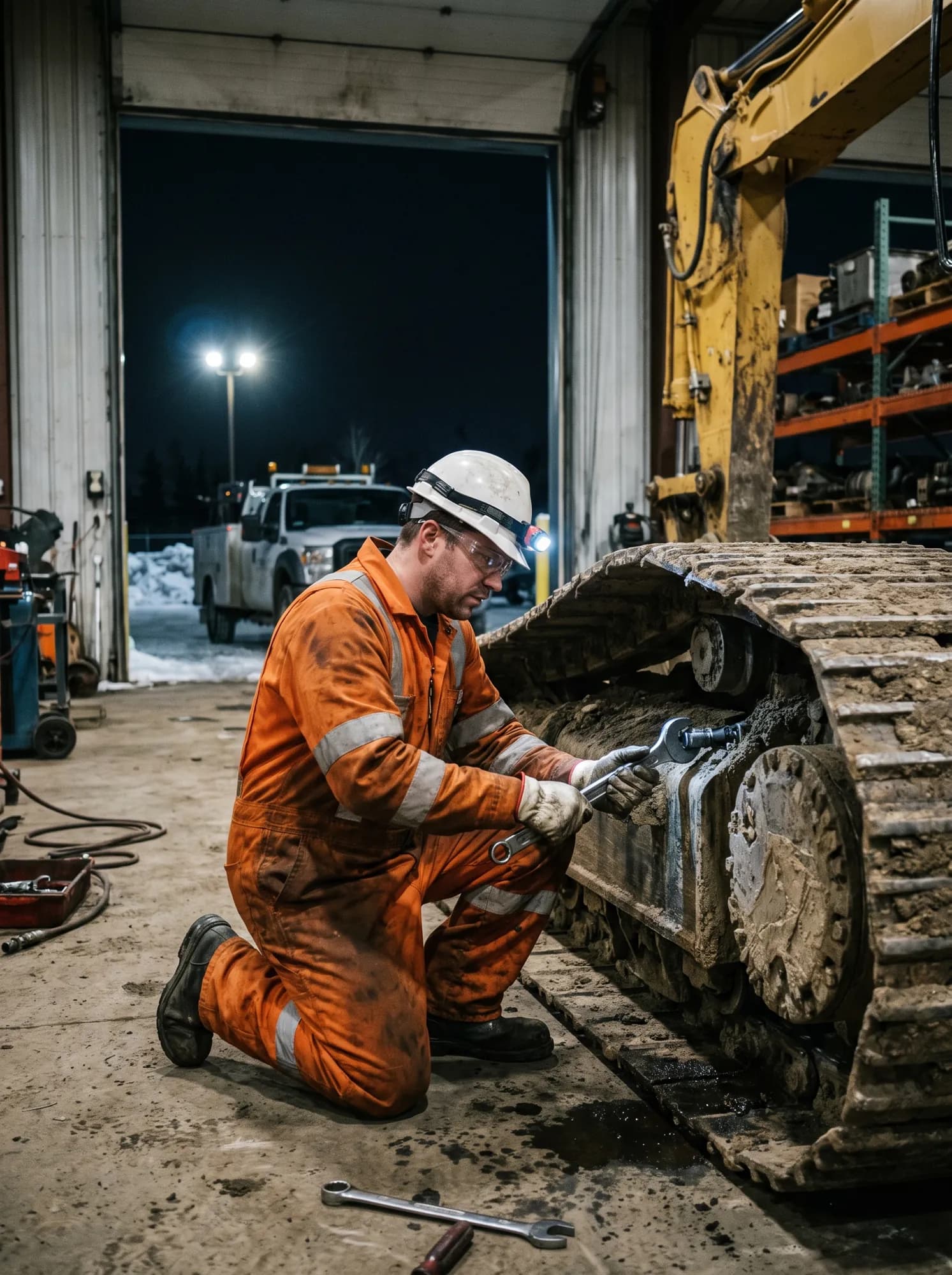 Heavy equipment technician in orange coveralls checking a fitting on an excavator track at night.