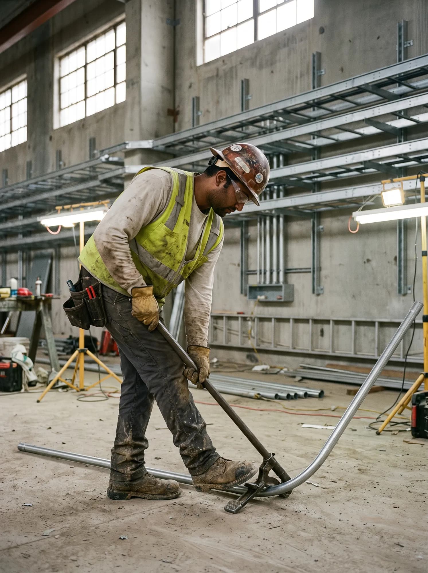 Industrial electrician bending steel conduit with a hand bender on a plant floor.