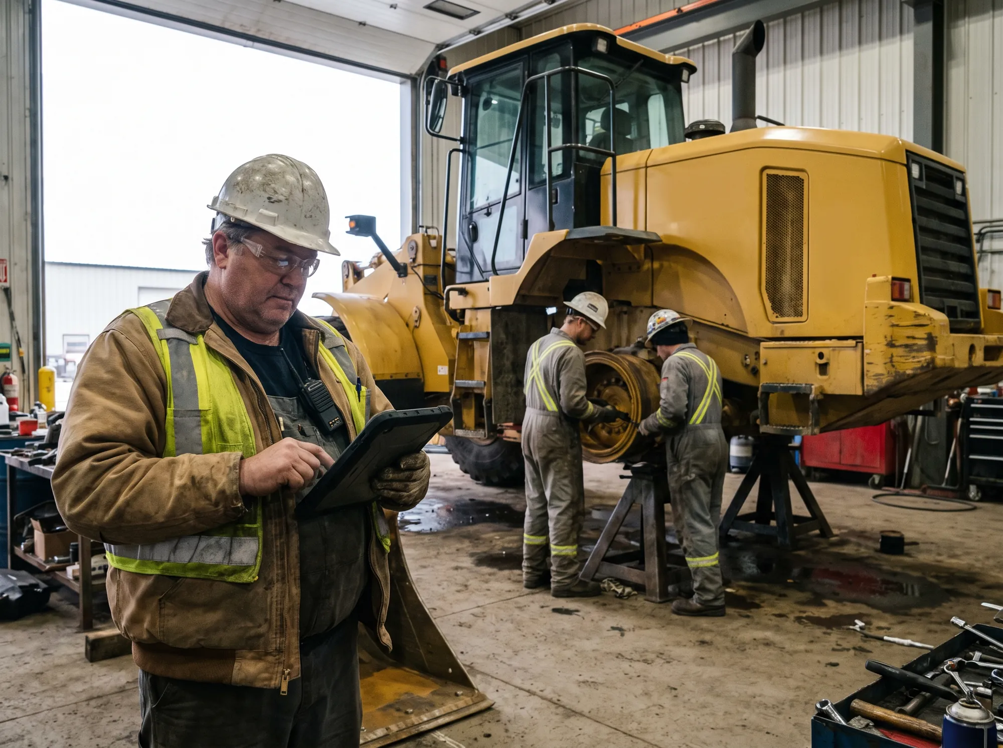 Shop foreman reading a tablet on the floor of a heavy duty repair shop while two mechanics work on a wheel loader.