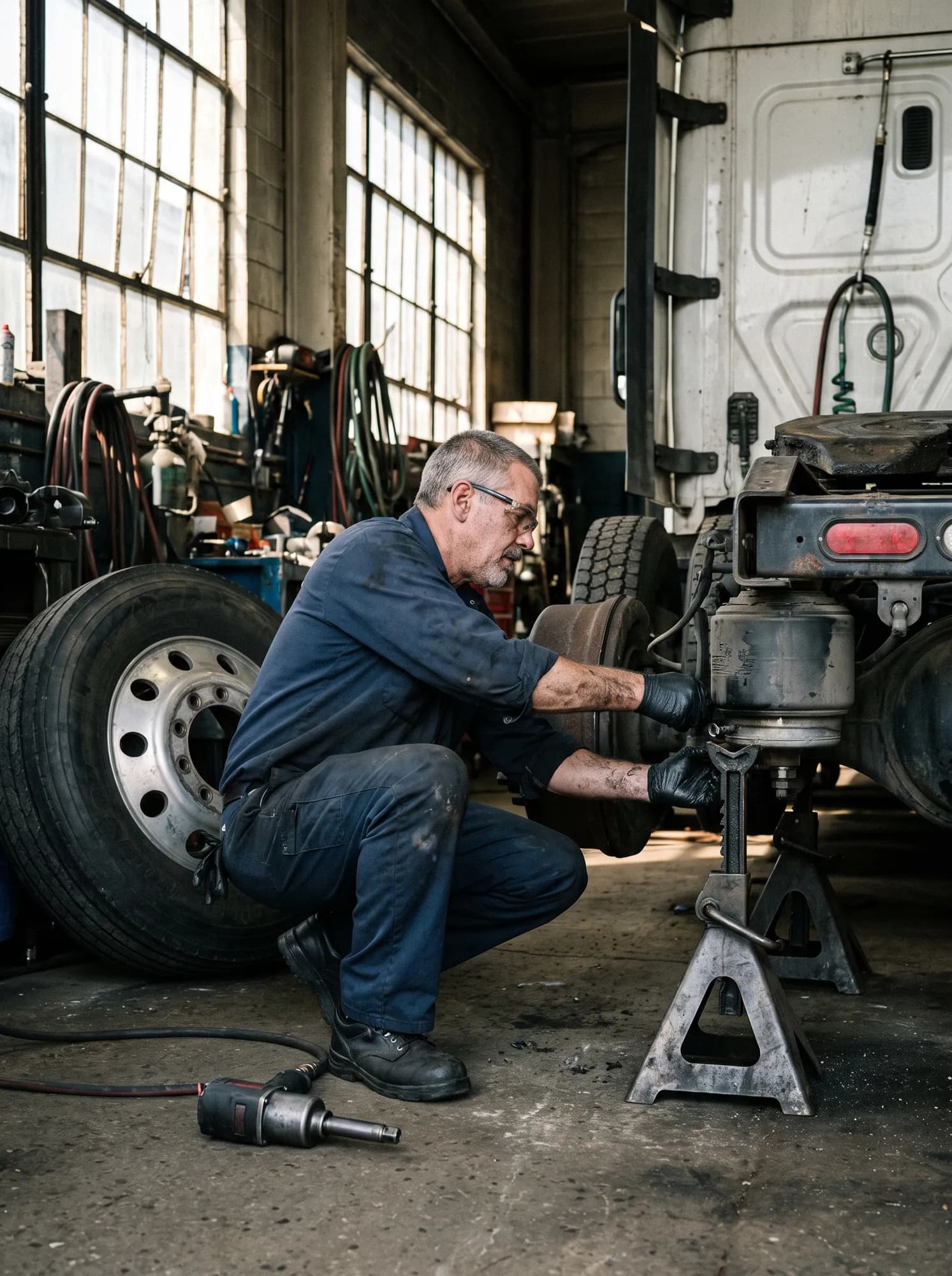 Truck and transport mechanic servicing the air brake assembly on a highway tractor.