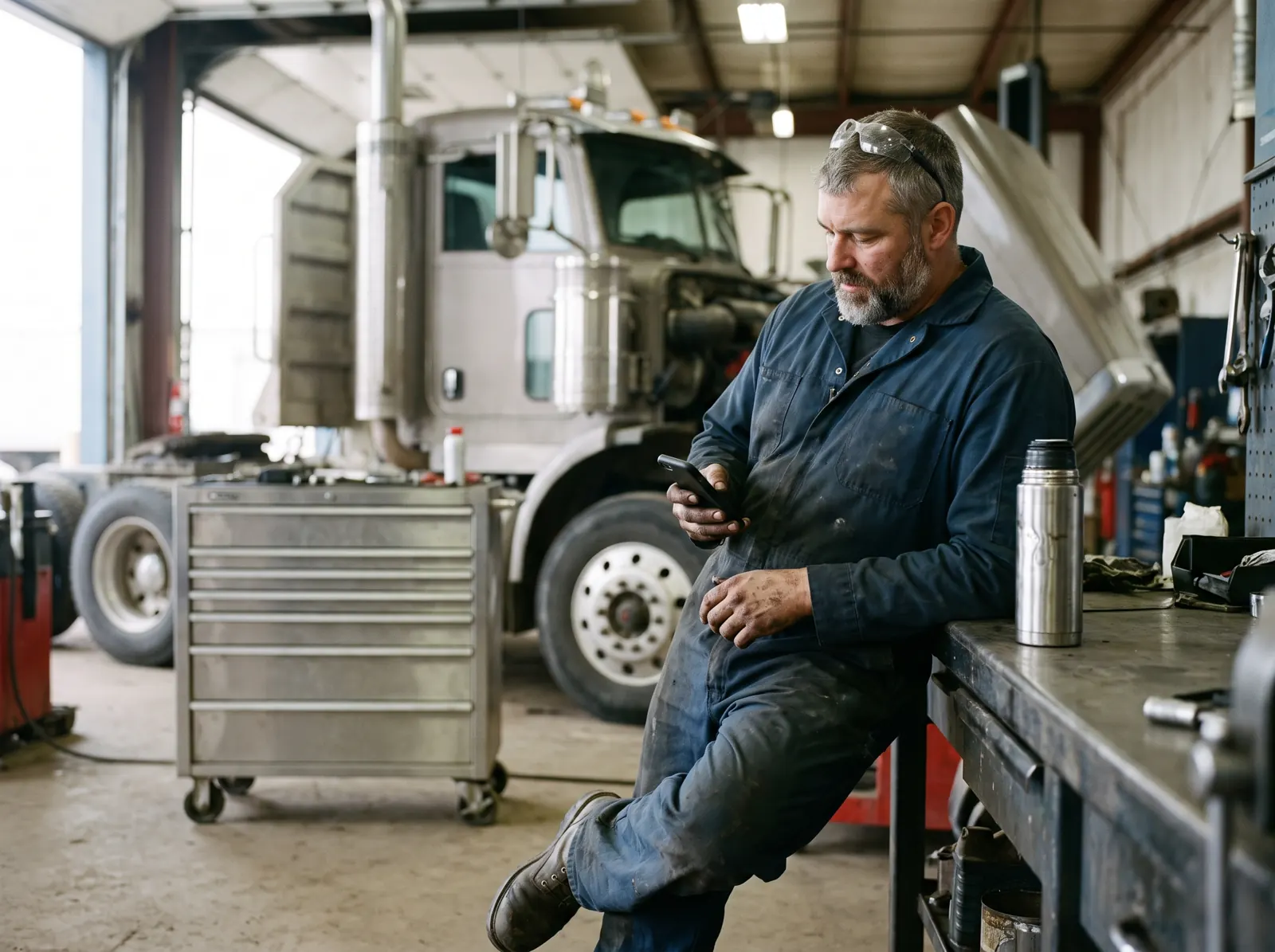 Heavy-duty mechanic leaning on a workbench in a truck shop, reading his phone on a break.