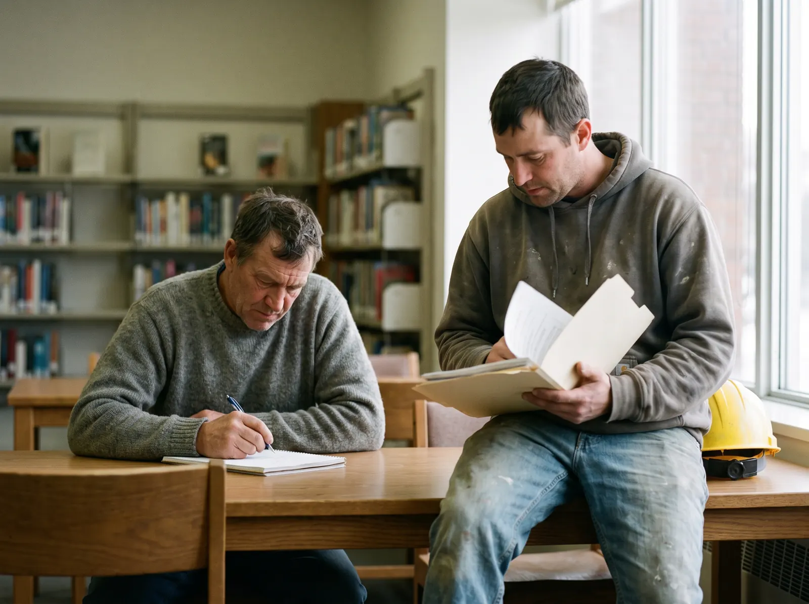 Immigration consultant taking notes beside an internationally trained electrician holding a folder of documents.