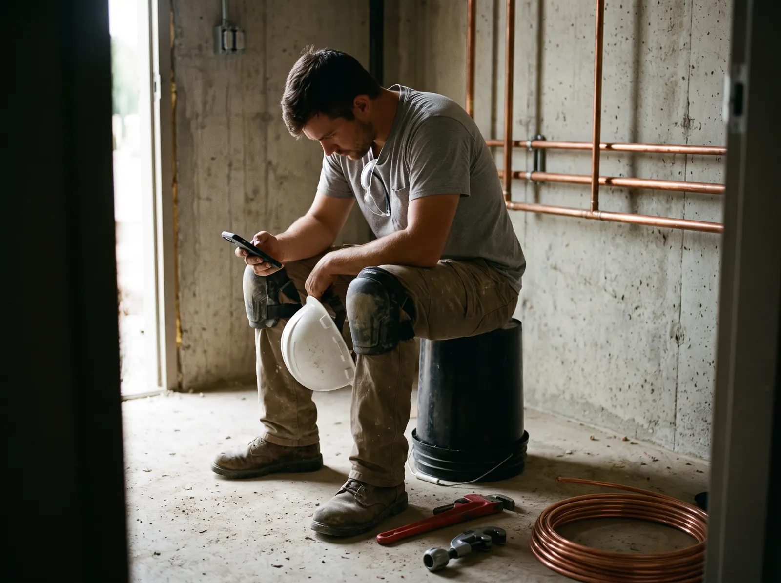 Plumber apprentice sitting on a bucket in a mechanical room on his break, reading his phone.