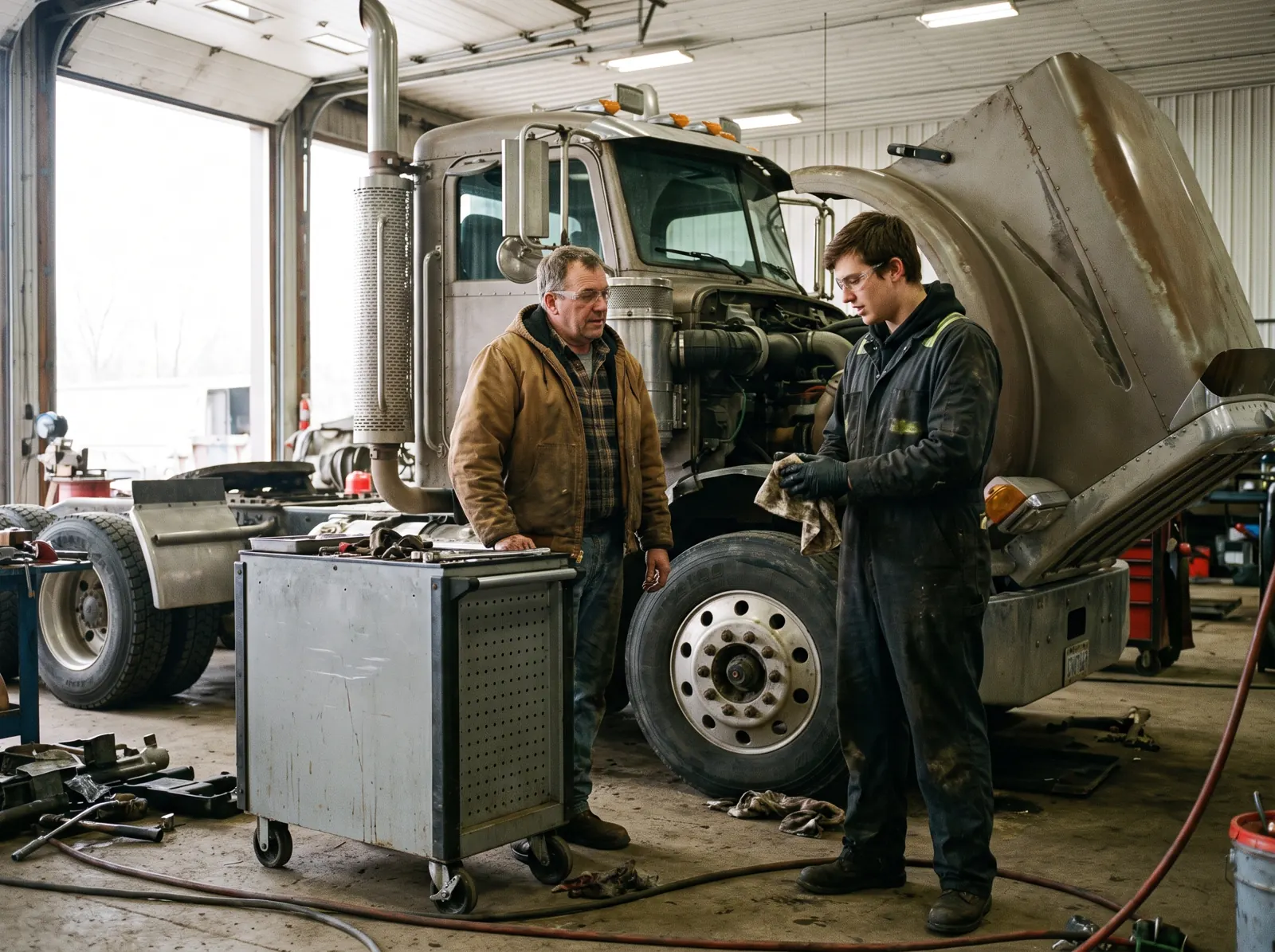 Repair shop owner talking with a heavy-duty mechanic beside a highway tractor in a truck bay.