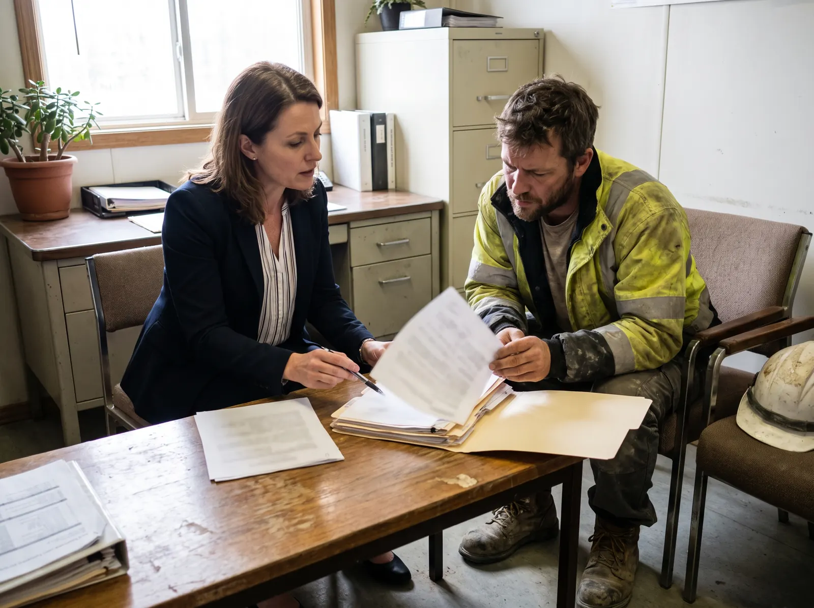 Immigration consultant going through a folder of documents with a millwright in work clothes at a small office table.