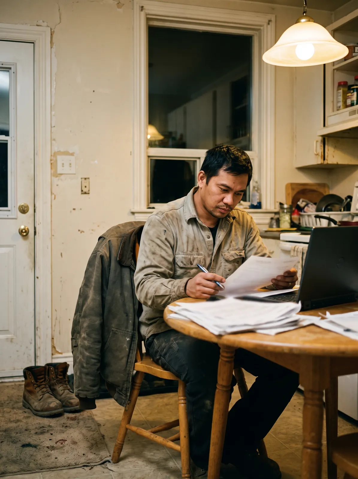 Internationally trained welder sorting a folder of documents beside a laptop at his kitchen table after work.