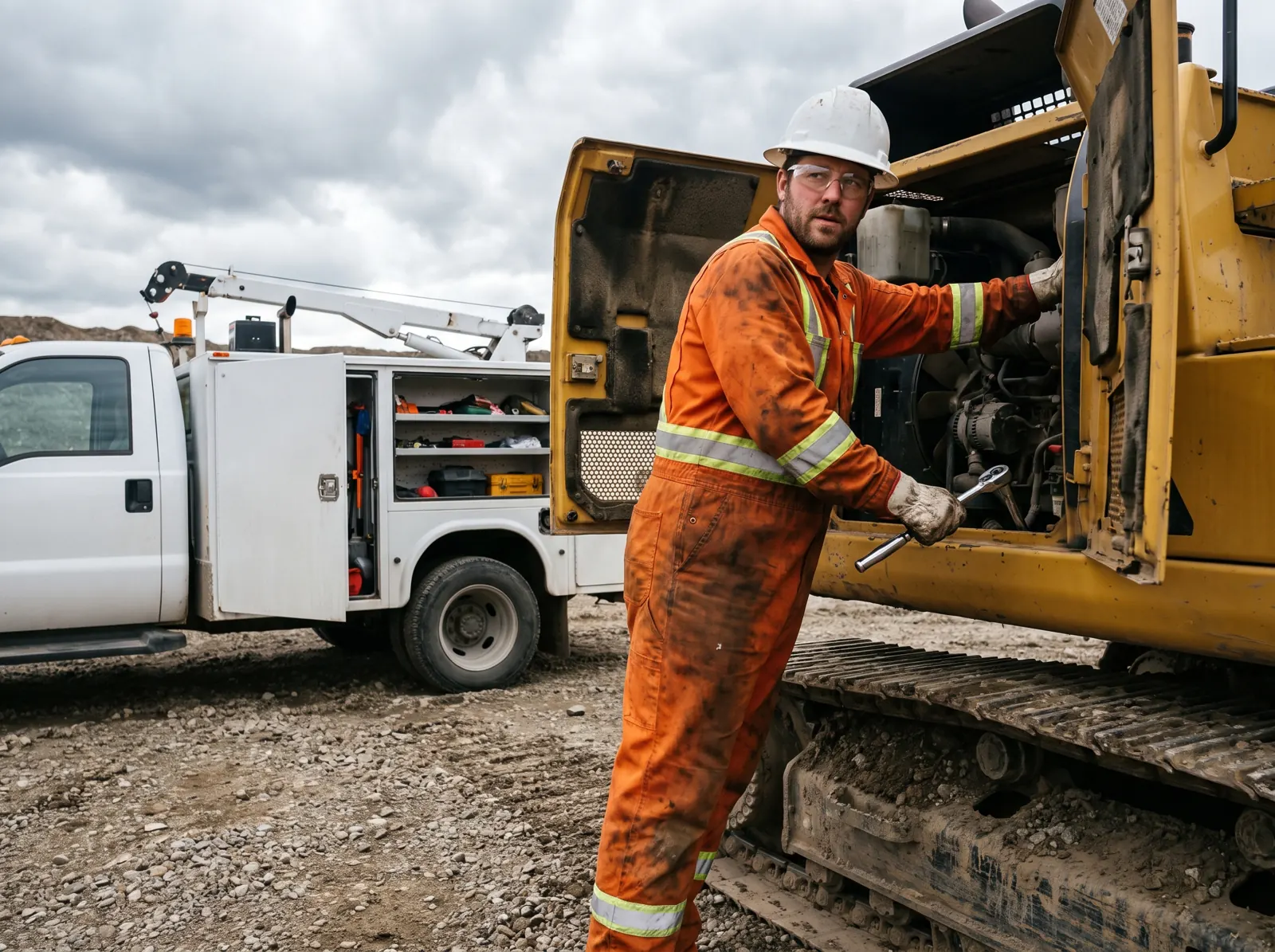 Heavy-duty equipment technician repairing an excavator engine in a gravel pit, with a field service truck behind him.