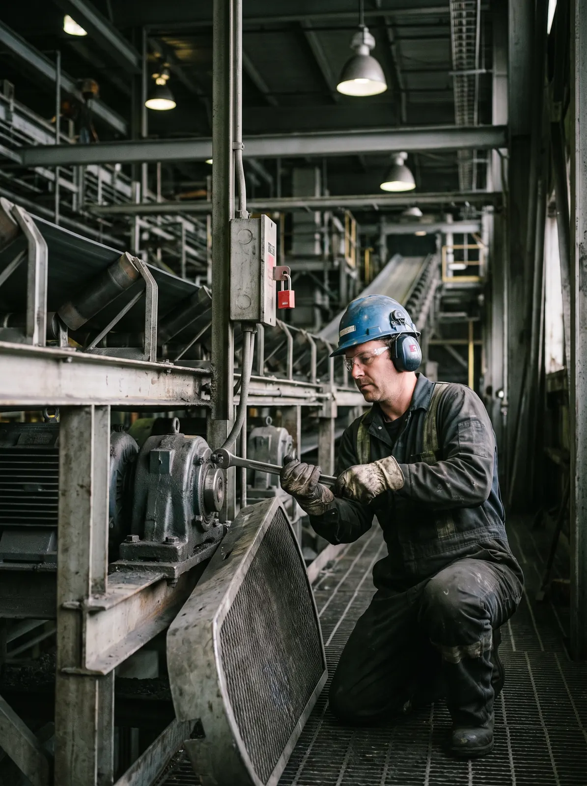 Industrial mechanic millwright tightening a bearing housing on a conveyor drive in a processing plant.