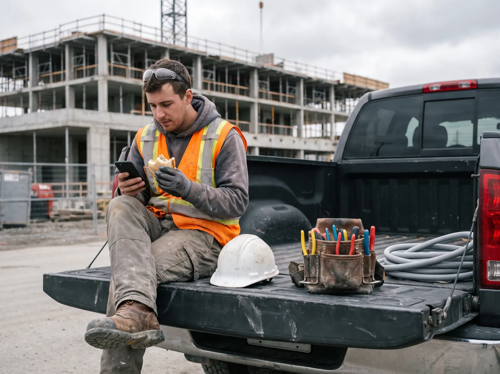 Electrician apprentice sitting on a truck tailgate at a construction site, reading his phone on a lunch break.