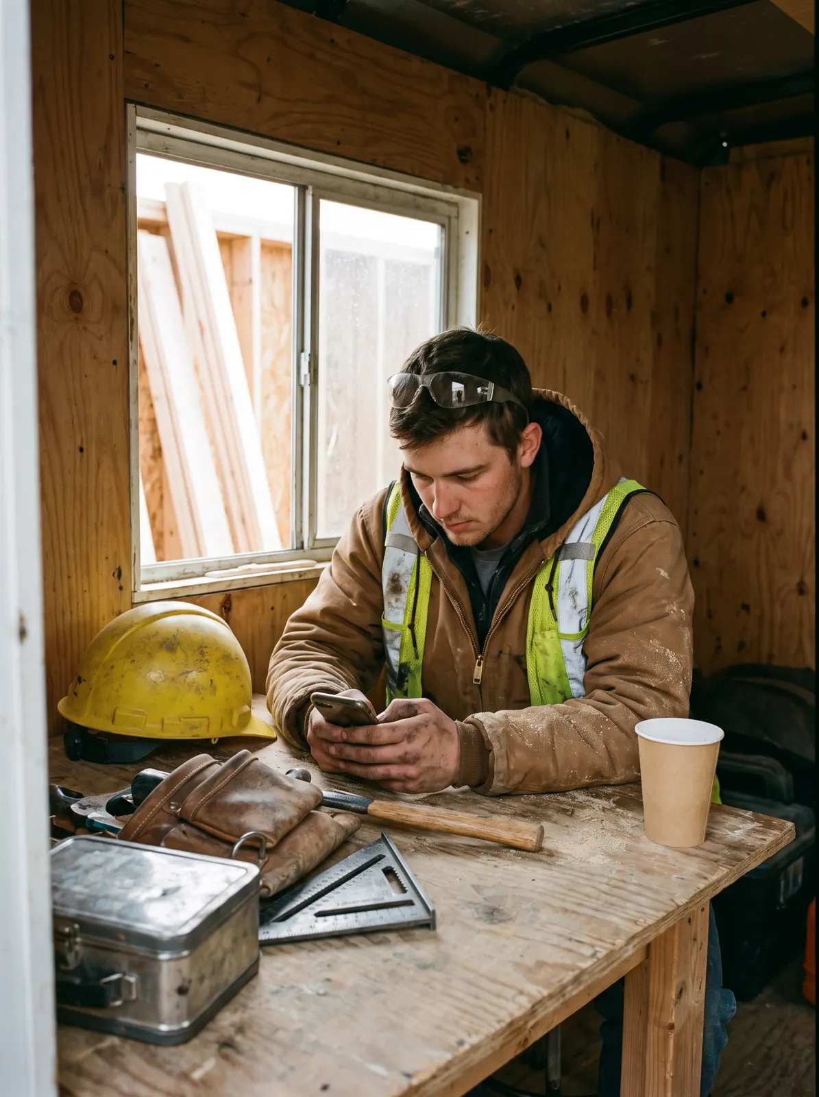 Carpenter apprentice reading his phone at a plywood table in a site trailer on his break, hard hat and tool belt beside him.