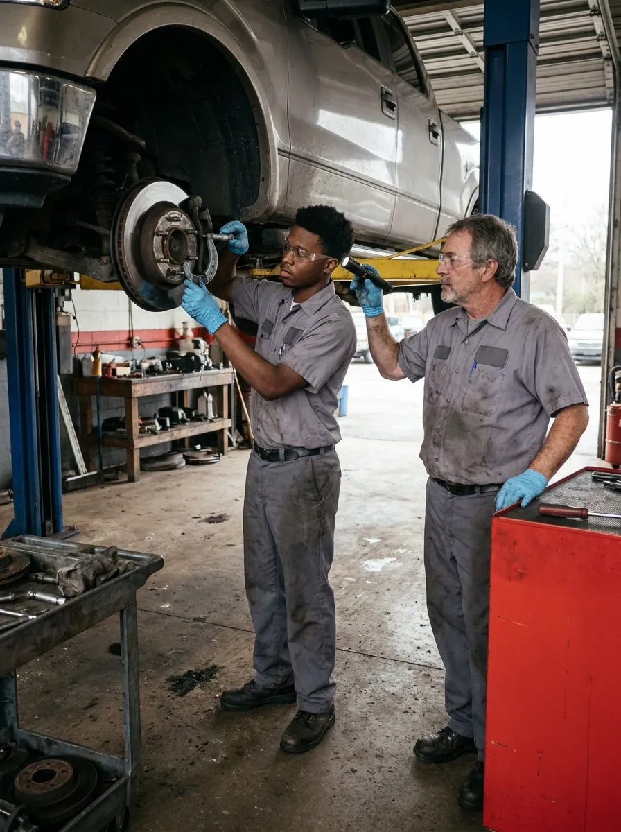 Automotive service technician checking a brake rotor on a vehicle on a hoist.