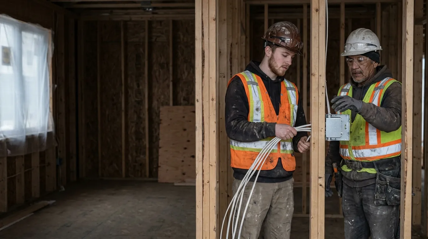 Electrical apprentice pulling cable through the studs on a house rough-in while an older journeyman points at the box layout.