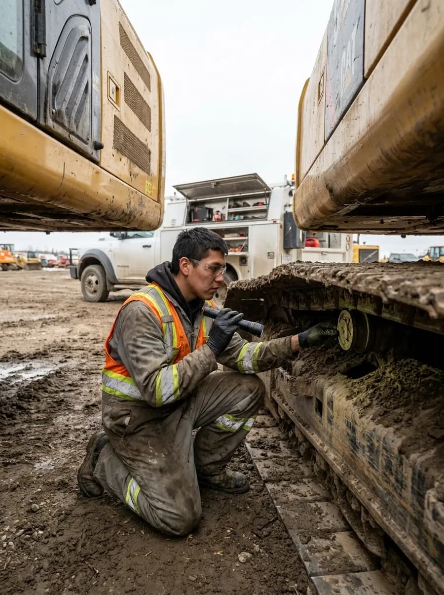 Heavy equipment technician kneeling beside an excavator track on a muddy job site.
