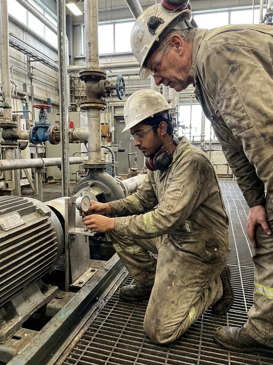 Two millwrights aligning a pump shaft in an industrial plant.
