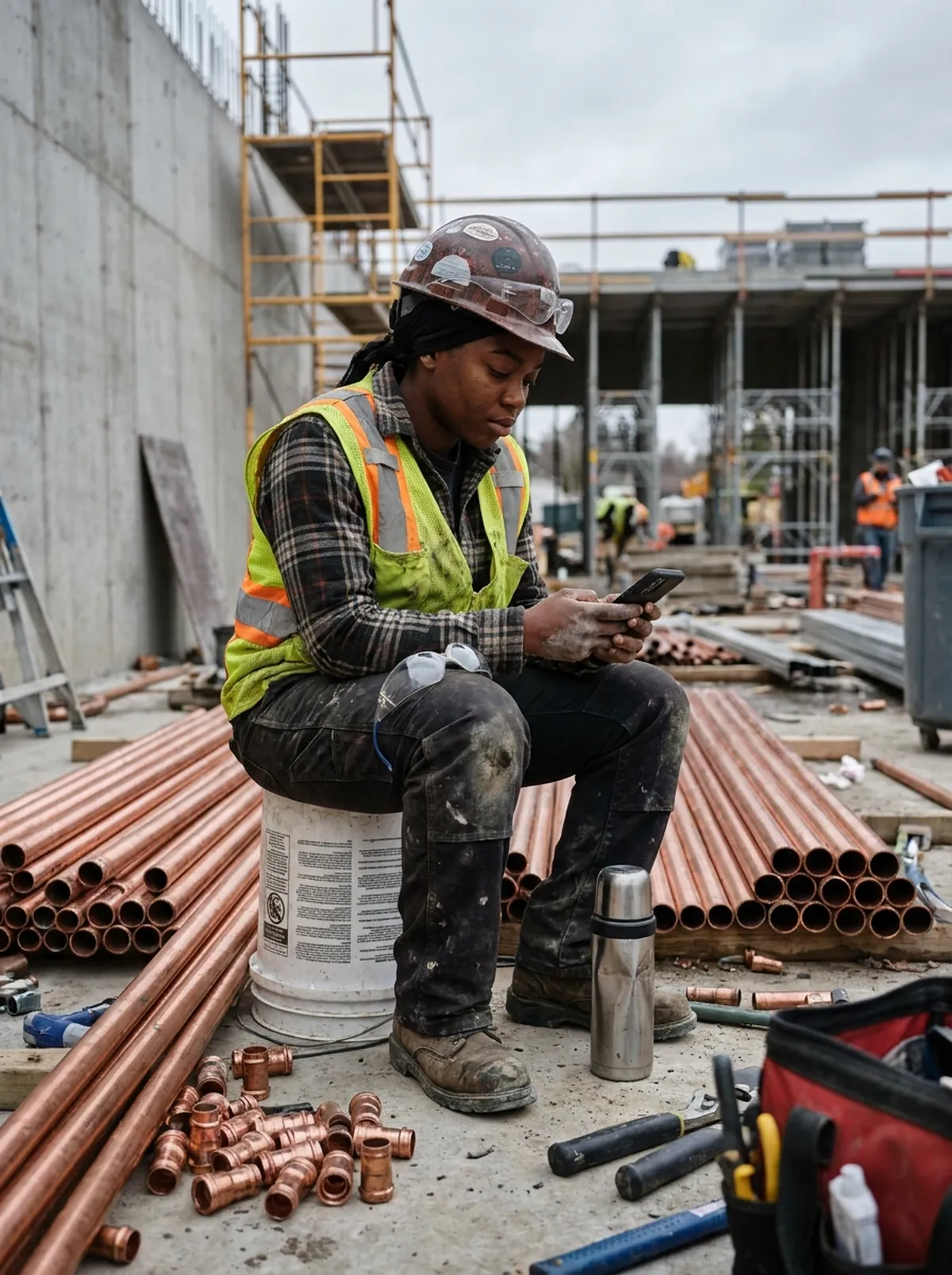 Plumbing apprentice studying Red Seal practice questions on her phone during a lunch break on a commercial job site.