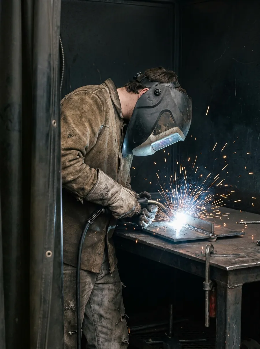 Welder with helmet down running a bead in a welding booth.