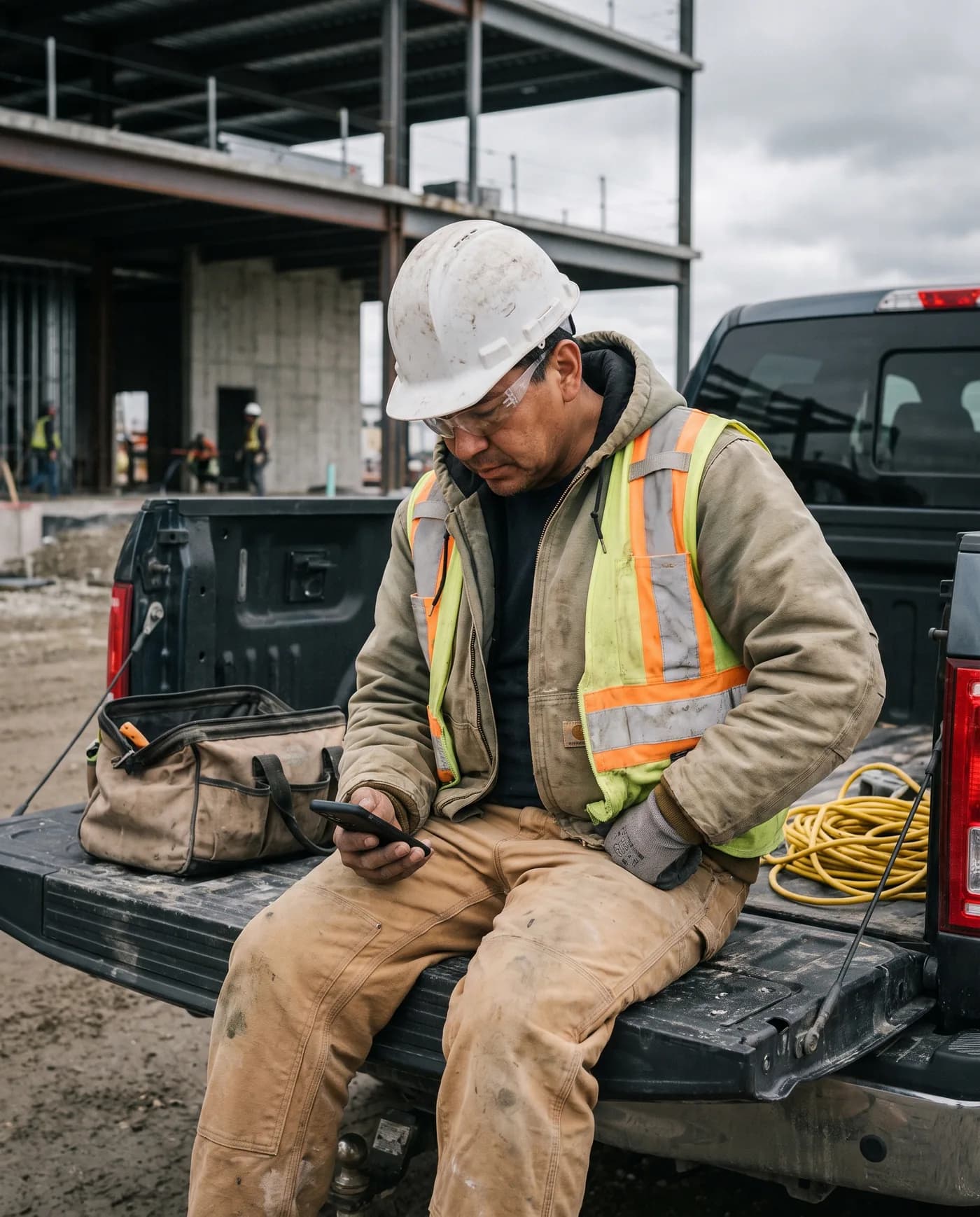 Construction electrician on a pickup tailgate at a job site, reading his phone on his lunch break.