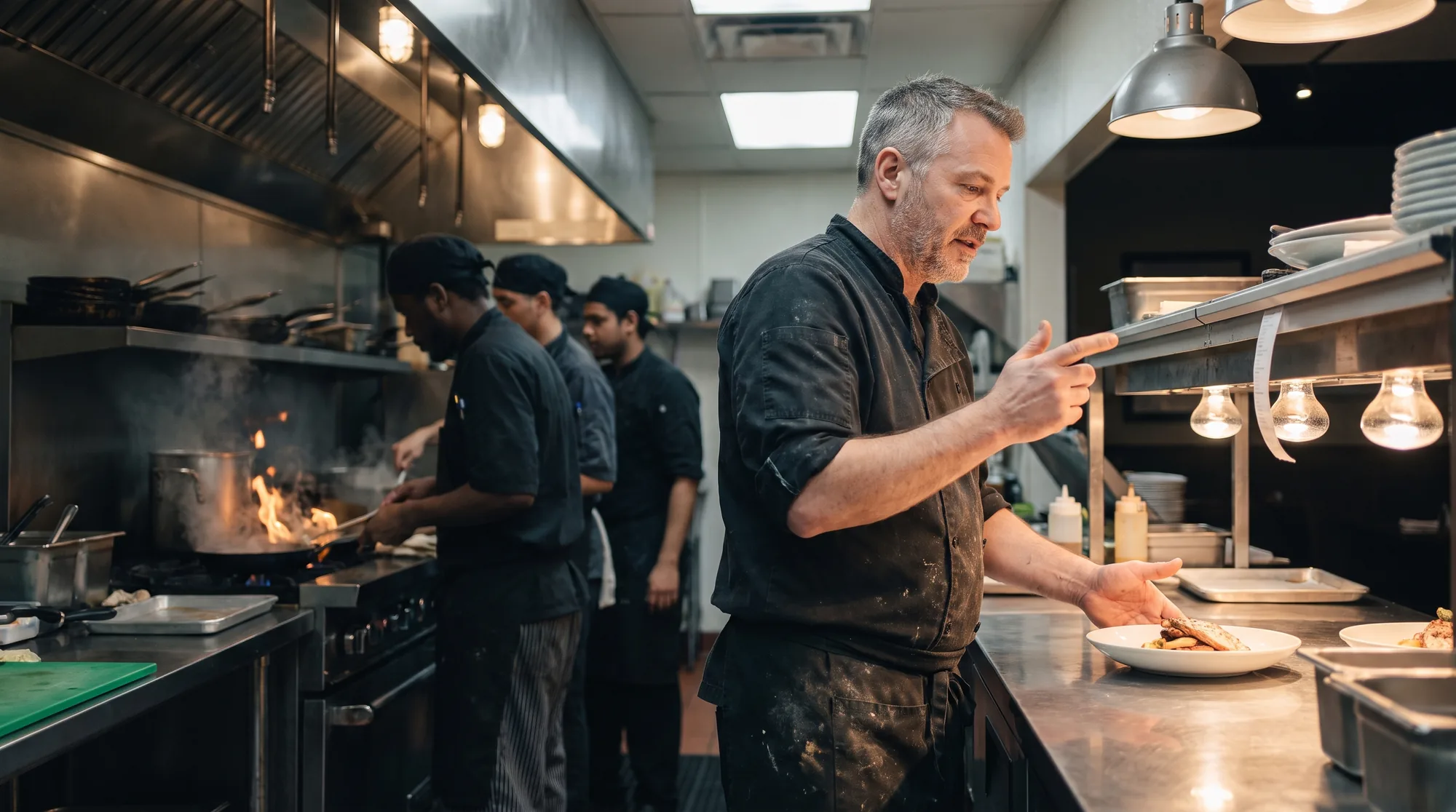 A Red Seal chef calls an order and plates at the pass of a busy commercial kitchen while line cooks work behind him.