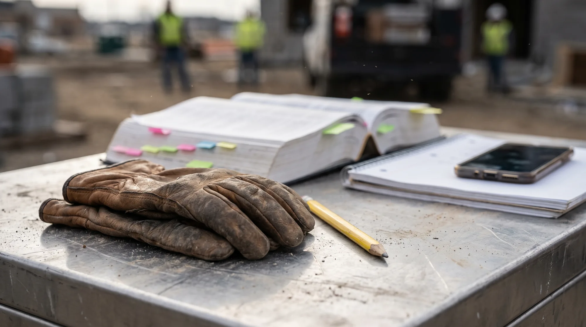 Worn leather work gloves, a pencil, a tabbed code book, a notebook and a phone on the lid of a job box at a construction site.