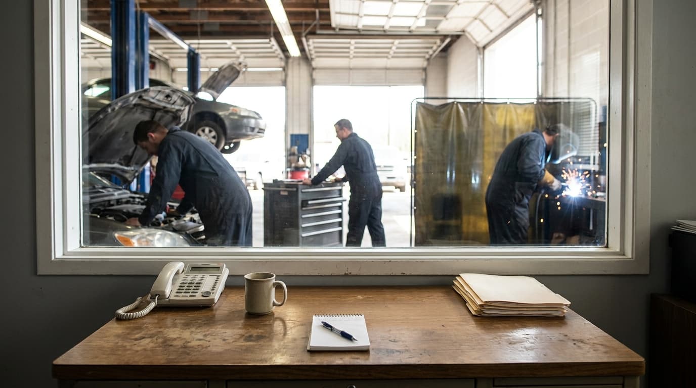 View from inside a small shop manager's office: a tidy desk with phone, coffee mug, and notepad in the foreground. Through a large interior window behind the desk, tradespeople in coveralls are visible working on the shop floor, slightly out of focus. Natural light from open bay doors fills the shop.
