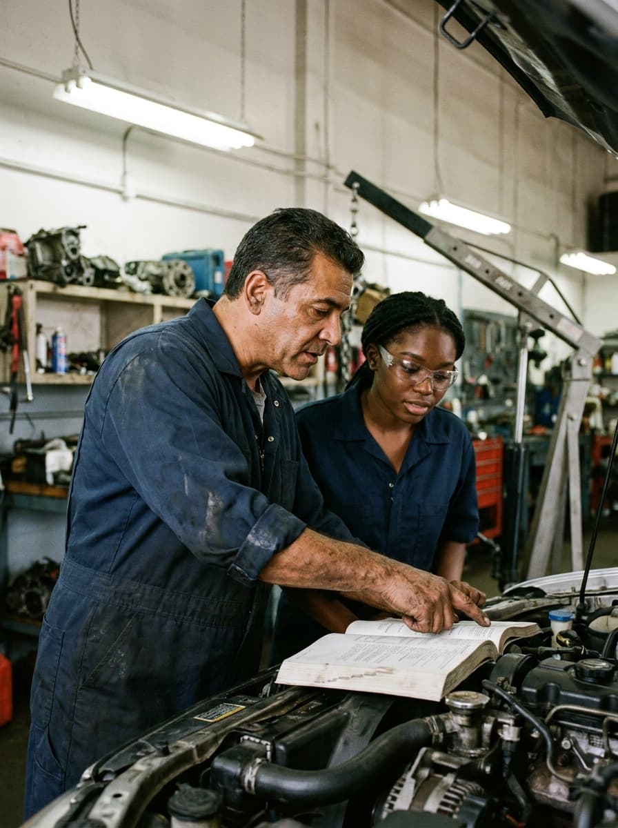 A journeyman mechanic in greasy navy coveralls leans over a diesel engine reading a service manual while a young woman apprentice in safety glasses watches and learns in a working garage.
