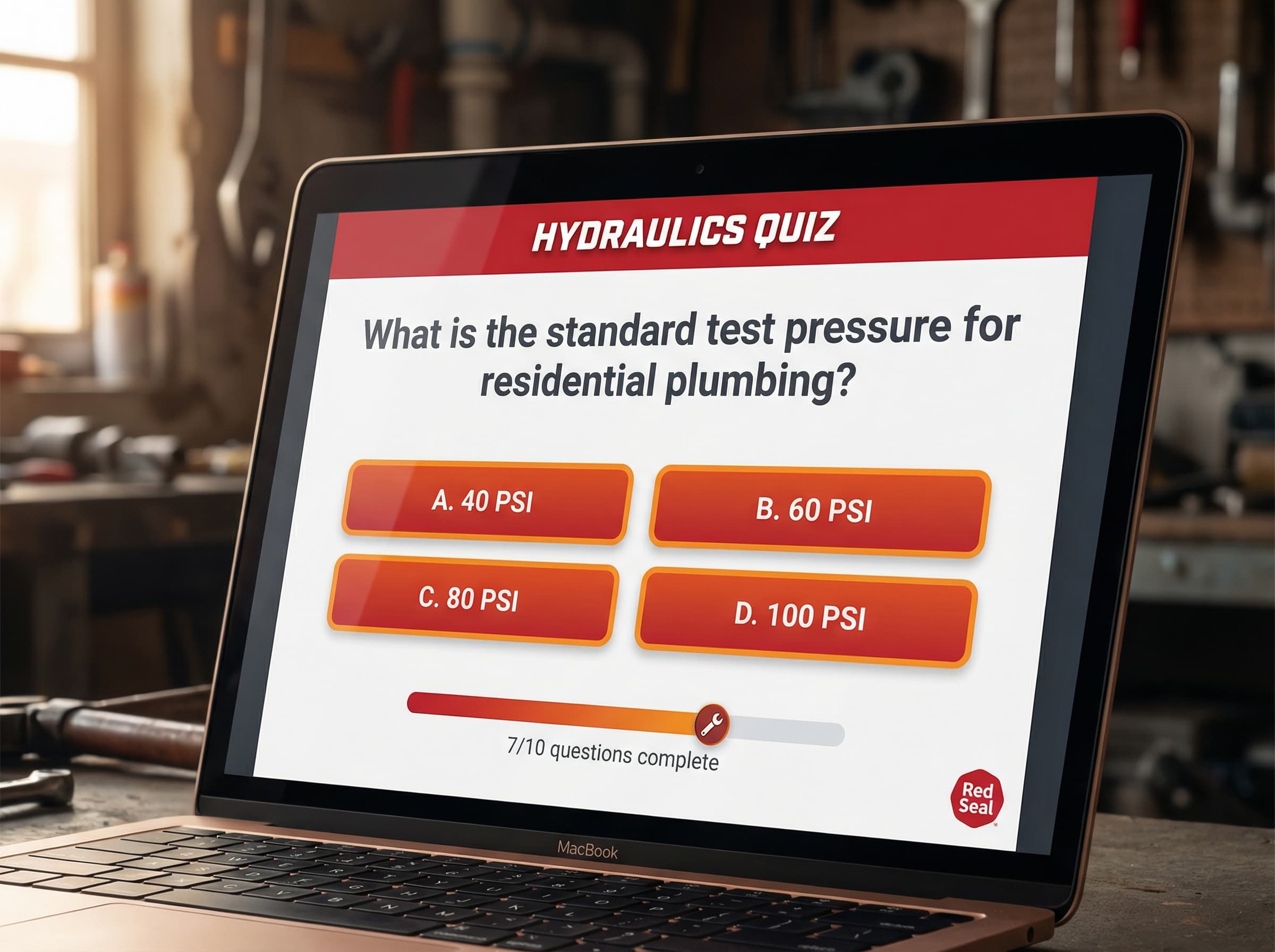 Red Seal Hub chat interface on a laptop showing a trade-specific question and Red's explanation