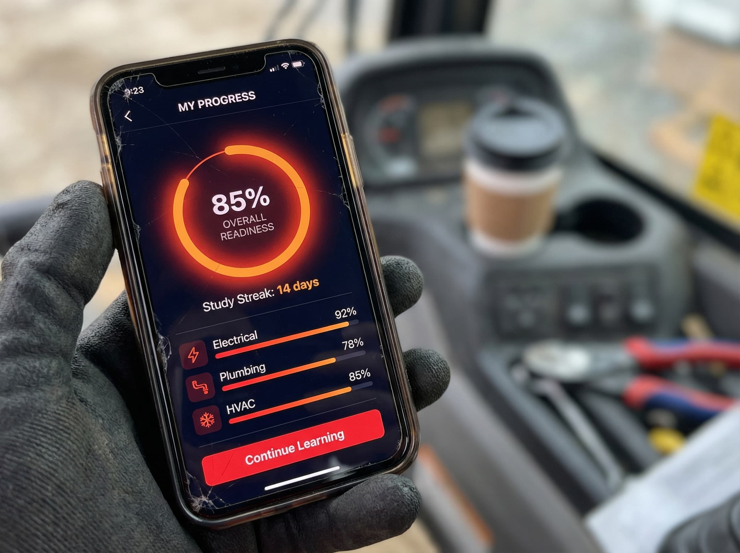 Red Seal Hub progress dashboard on a phone showing exam readiness score and block-by-block breakdown