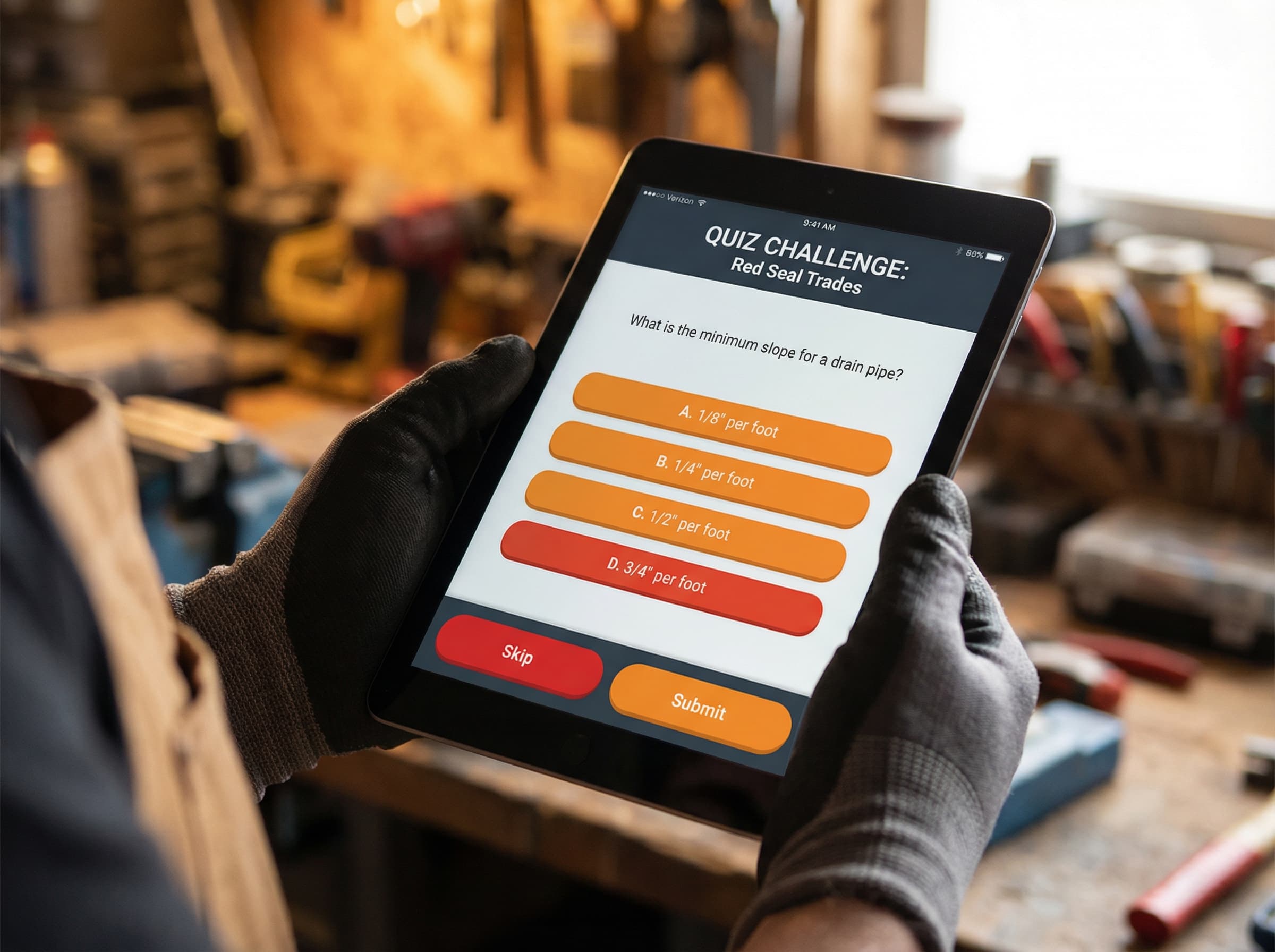 Red Seal Hub mock exam interface on a tablet showing multiple choice questions in the real Red Seal format