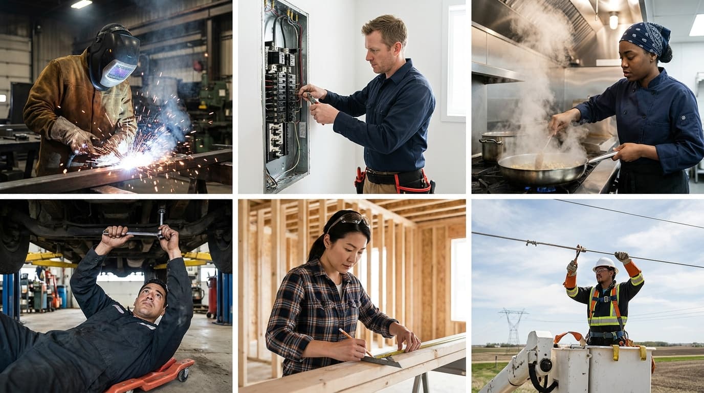 Photo collage of six skilled trades workers in their workplaces: a welder mid-weld with sparks flying, an electrician wiring a breaker panel, a Red Seal cook tossing a steaming wok, a heavy duty equipment mechanic working under a truck, a carpenter measuring lumber in framed construction, and a powerline technician working on overhead lines.