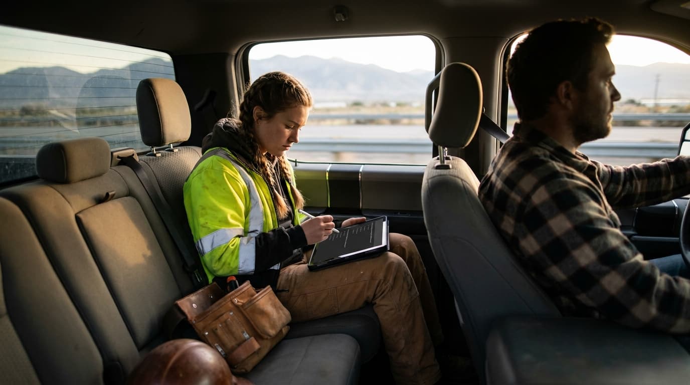 Apprentice studying on a tablet in the back of a work truck during her commute