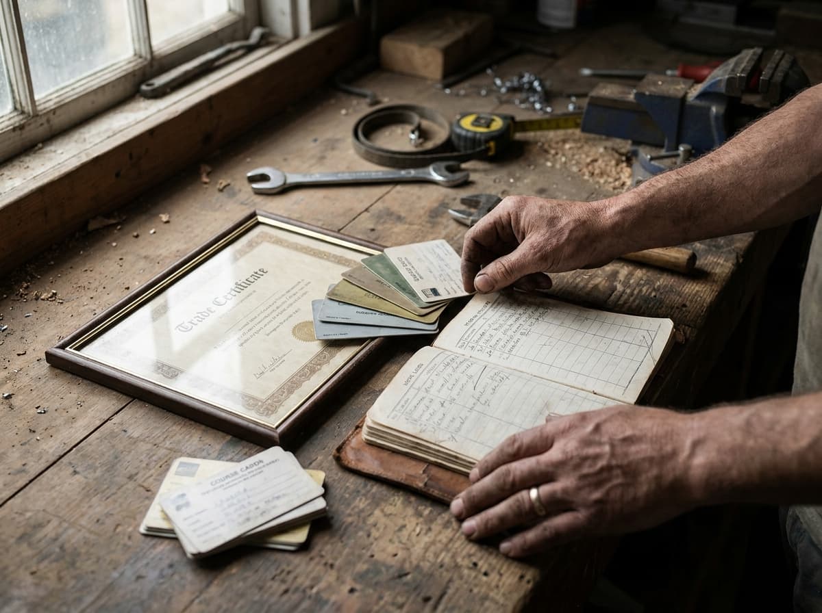 Weathered tradesperson hands on a workshop bench organizing a trade certificate, fanned ticket cards, and a worn handwritten work logbook