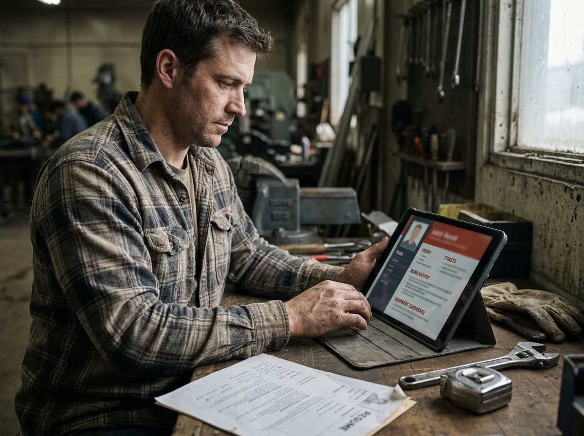 Skilled tradesperson at his workshop bench reviewing his digital trade profile on a tablet, with a printed paper resume on the bench beside him