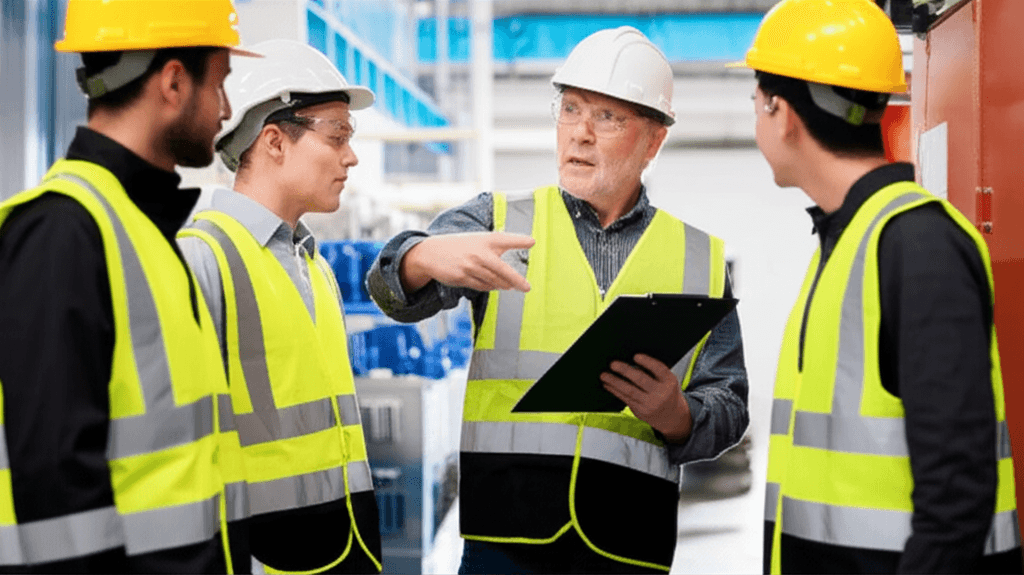 Senior tradesperson consulting with team at industrial facility