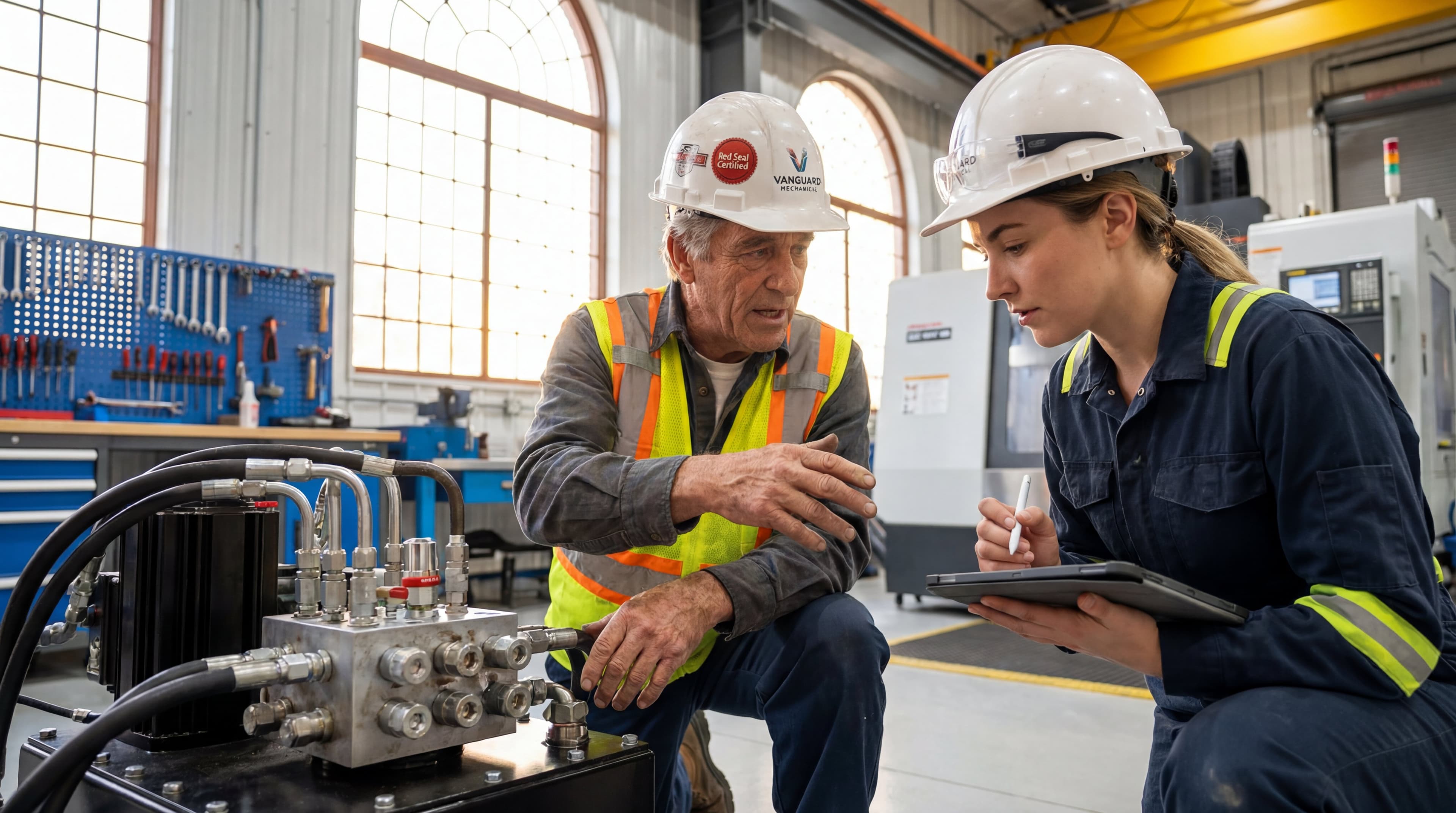 Experienced Red Seal tradesperson mentoring a young apprentice in a professional workshop