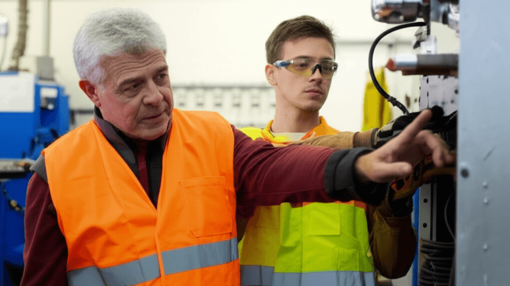 Experienced tradesperson mentoring a young apprentice in workshop